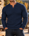MIVANITY Men's Stonecrest Ribbed Knit Notch Neck Long Sleeve Shirt