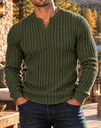 MIVANITY Men's Stonecrest Ribbed Knit Notch Neck Long Sleeve Shirt