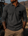 Mivanity Men's Rugged Textured Polo Shirt Adventure Style Long Sleeve Pullover with Sunglasses Pocket