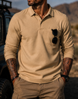 Mivanity Men's Rugged Textured Polo Shirt Adventure Style Long Sleeve Pullover with Sunglasses Pocket