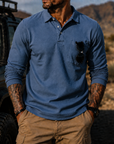 Mivanity Men's Rugged Textured Polo Shirt Adventure Style Long Sleeve Pullover with Sunglasses Pocket