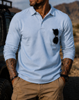 Mivanity Men's Rugged Textured Polo Shirt Adventure Style Long Sleeve Pullover with Sunglasses Pocket