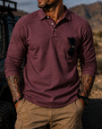 Mivanity Men's Rugged Textured Polo Shirt Adventure Style Long Sleeve Pullover with Sunglasses Pocket