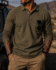 Mivanity Men's Rugged Textured Polo Shirt Adventure Style Long Sleeve Pullover with Sunglasses Pocket
