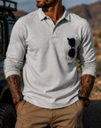 Mivanity Men's Rugged Textured Polo Shirt Adventure Style Long Sleeve Pullover with Sunglasses Pocket