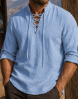 Mivanity Men's Vintage Lace-Up Linen Shirt Rugged Casual Long Sleeve Top