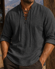 Mivanity Men's Vintage Lace-Up Linen Shirt Rugged Casual Long Sleeve Top
