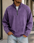 Mivanity Men's Vintage Washed Quarter Zip Pullover Casual Stand Collar Sweatshirt