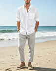 Mivanity Cotton Linen Beach Button Down with Pocket Shirts