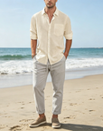 Mivanity Cotton Linen Beach Button Down with Pocket Shirts