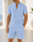 Mivanity Men's Casual Cargo Henley T-Shirt Shorts Sets