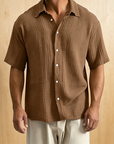 Mivanity Men's Casual Cotton Breathable Pleated Pocket Short Sleeve Lapel Shirt