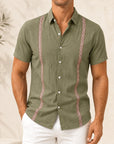Mivanity Men's Casual Linen Bohemian Ribbon Short-Sleeve Shirts