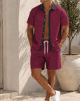 Mivanity Men's Contrast Color Short Sleeve Shirt Shorts 2-Piece Summer Casual Sets