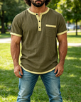 Mivanity Men's Contrast Trim Henley Short Sleeve Cotton Linen Shirt