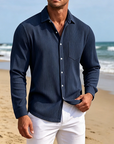 Mivanity Men's Everyday Casual Solid Color Corduroy Button Lapel Long Sleeve Shirt