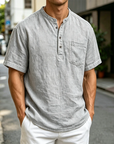 Mivanity Men's Fashion Retro Ramie Fabric Pocket Short-sleeved Henley Shirt