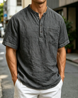 Mivanity Men's Fashion Retro Ramie Fabric Pocket Short-sleeved Henley Shirt