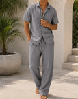 Mivanity Men's Linen Turndown Collar Short Sleeve Shirt Linen Pants 2-Piece Casual Sets