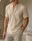 Mivanity Men's Loose-Fit Linen Stand Collar Short-Sleeve T-Shirts