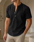 Mivanity Men's Loose-Fit Linen Stand Collar Short-Sleeve T-Shirts