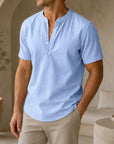 Mivanity Men's Loose-Fit Linen Stand Collar Short-Sleeve T-Shirts
