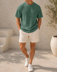 Mivanity Men's Pleated Vertical Striped Fabric Casual Short Sleeve T-shirt