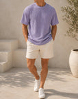 Mivanity Men's Pleated Vertical Striped Fabric Casual Short Sleeve T-shirt