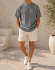 Mivanity Men's Pleated Vertical Striped Fabric Casual Short Sleeve T-shirt