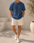 Mivanity Men's Pleated Vertical Striped Fabric Casual Short Sleeve T-shirt