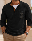 Mivanity Men's Premium Knit Polo Shirt Long Sleeve Textured Pullover with Chest Pocket