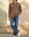 Mivanity Men's Retro-chic Distressed Pocket Lapel Long-sleeved Polo Shirt