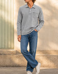 Mivanity Men's Retro-chic Distressed Pocket Lapel Long-sleeved Polo Shirt