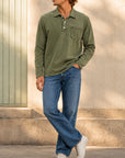 Mivanity Men's Retro-chic Distressed Pocket Lapel Long-sleeved Polo Shirt