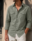 Mivanity Men's Retro Casual Solid Color Double Pocket Workwear Long Sleeve Shirts