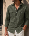Mivanity Men's Retro Casual Solid Color Double Pocket Workwear Long Sleeve Shirts