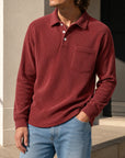 Mivanity Men's Simple Daily Pitted Textured Lapel Long-sleeved Polo Shirts