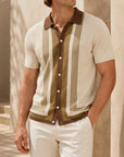 Mivanity Men's Striped Jacquard Knit Cardigan Polos