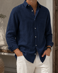 Mivanity Men’s Textured Linen-Blend Long Sleeve Button-Up Shirt