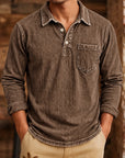 Mivanity Men's Vintage Washed-Effect Long Sleeve Polo Shirt With Pocket