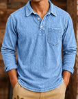 Mivanity Men's Vintage Washed-Effect Long Sleeve Polo Shirt With Pocket