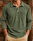 Mivanity Men's Vintage Washed-Effect Long Sleeve Polo Shirt With Pocket