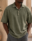 Mivanity Men’s Vintage Washed Cotton Linen Oversized Polo Shirt