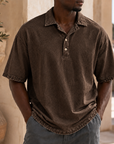 Mivanity Men’s Vintage Washed Cotton Linen Oversized Polo Shirt