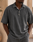 Mivanity Men’s Vintage Washed Cotton Linen Oversized Polo Shirt