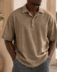 Mivanity Men’s Vintage Washed Cotton Linen Oversized Polo Shirt
