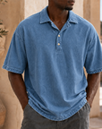 Mivanity Men’s Vintage Washed Cotton Linen Oversized Polo Shirt