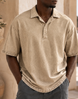 Mivanity Men’s Vintage Washed Cotton Linen Oversized Polo Shirt