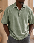 Mivanity Men’s Vintage Washed Cotton Linen Oversized Polo Shirt