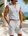 Mivanity Men's Waffle Knit Sleeveless Hooded Top Mid-Length Shorts 2-Piece Summer Sets